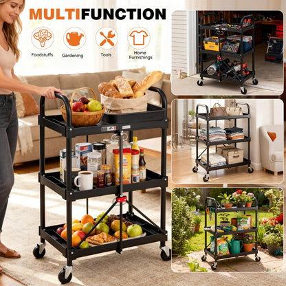 DUMOS 3-Tier Folding Utility Cart Set of 2, Collapsible Service Cart with 4 Swivel Wheels and Brakes, 120LBS Capacity & Collapsible Storage Rolling Cart for Kitchen, Office, Garden, Garage, Pure Black