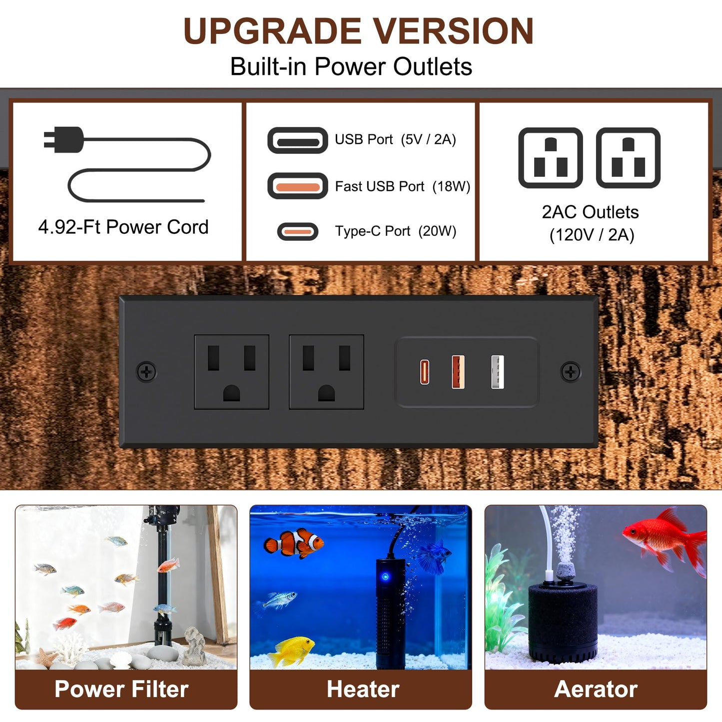 TQVAI 50-75 Gallon Fish Tank Stand with Power Outlets, Heavy Duty Aquarium Stand with Cabinet Storage Fish Tank Accessories, Large Reptile Terrarium Tank Stand, Black/Vintage