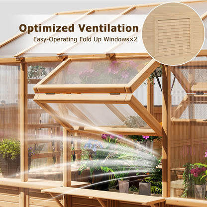 EROMMY 7x16 FT Spruce Wood Greenhouse with Pergola, Large Walk-in Polycarbonate Greenhouse Kit with Top-Hung Windows, Built-in Workstation and Staging Shelves for Backyard Garden