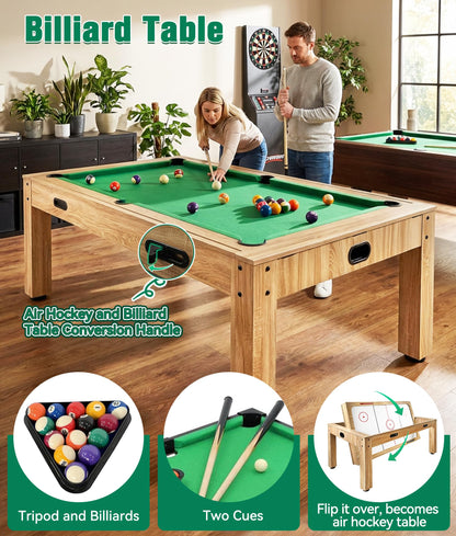 7FT 4-in-1 Multi Game Table with Pool Table Air Hockey Ping Pong, Convertible Pool Dining Table & Desktop with Locked Wheels, Complete Accessories Table Combo for Home, Game Room and Family Daily Use