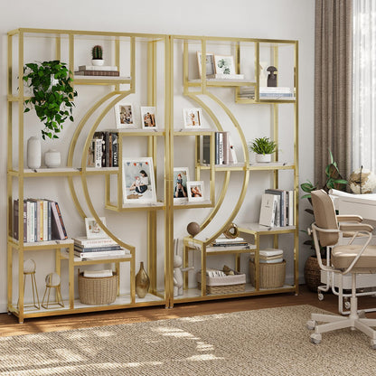 HolliWill Modern Book Shelf, White and Gold Bookshelf, 70.8 Inch Tall Etagere Bookcase, Set of 2 Geometric Display Shelves for Living Room, Bookcases/Bookshelf with Metal Frame for Home Office