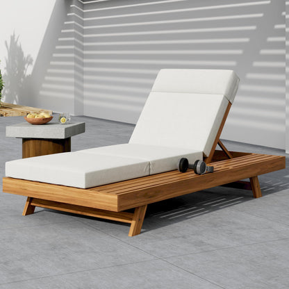 Christopher Knight Home Kayes Wood Chaise Lounge with 4'' Four-Folds Cushion, Outdoor 79'' Patio Recliner Chair with 4-Position Adjustable Backrest, Sun Lounger for Backyard, Teak+Cream