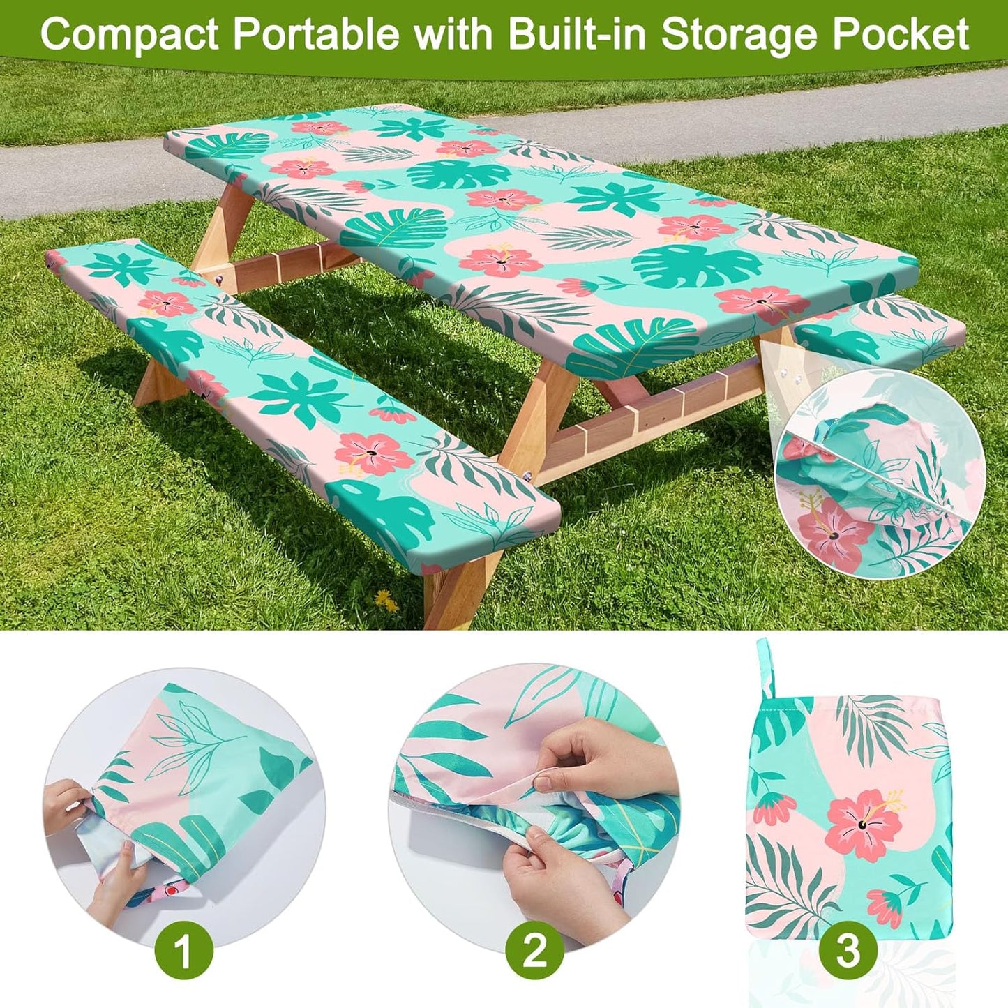 HobbLab Rv,72in,Teal Picnic Table Cover with Bench Covers Portable Table Cloth Built-in Storage Pocket Fitted