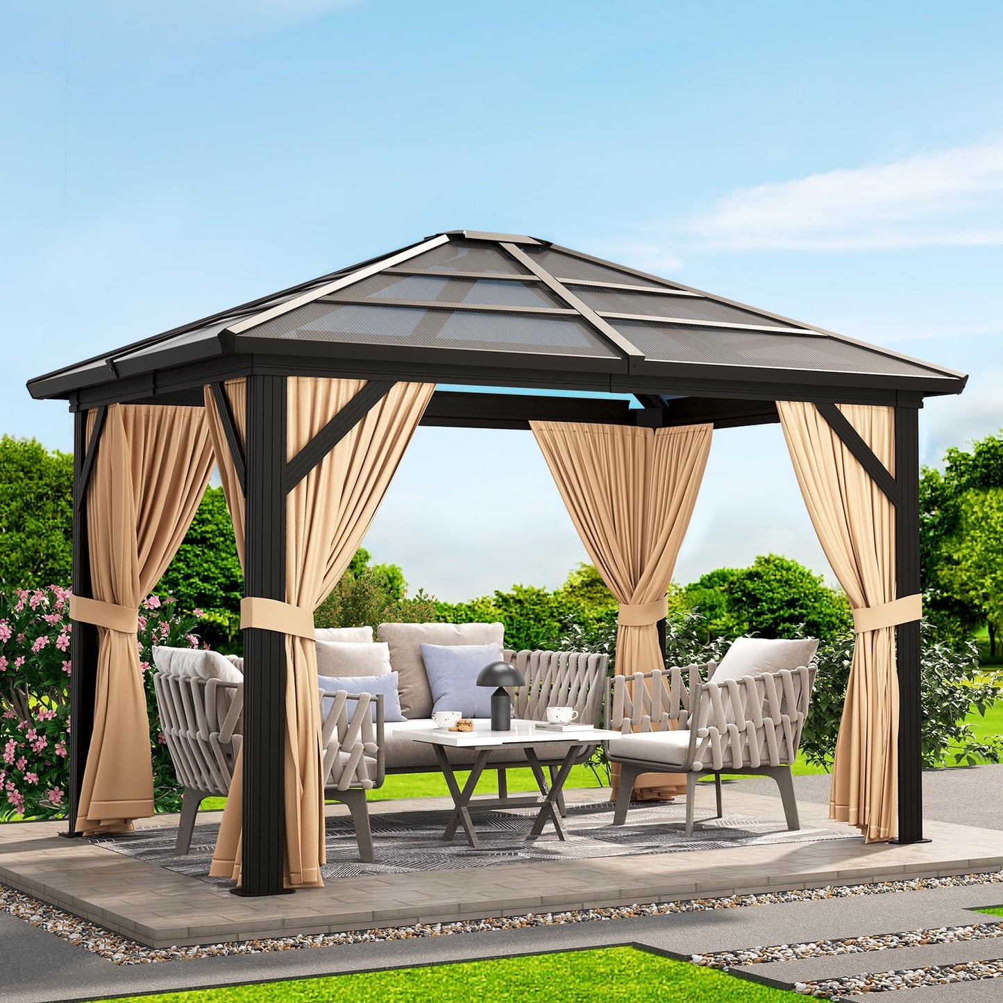 10' x 12' Hardtop Gazebo, Permanent Outdoor Pavilion with Single-Tier Hardtop Roof, Thickened Mosquito Netting, Double Track & Double Zipper Design for Patio, Lawn, Garden, Brown