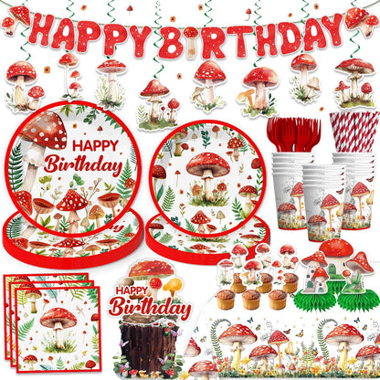 185Pcs Set, 25 cocomigo Mushroom Birthday Decorations Tableware Mushroom Birthday Decorations with Plates Napkins Cups