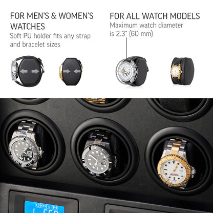 6 Watch Winder with LED Light, LCD Display and Storage Drawer (Carbon)