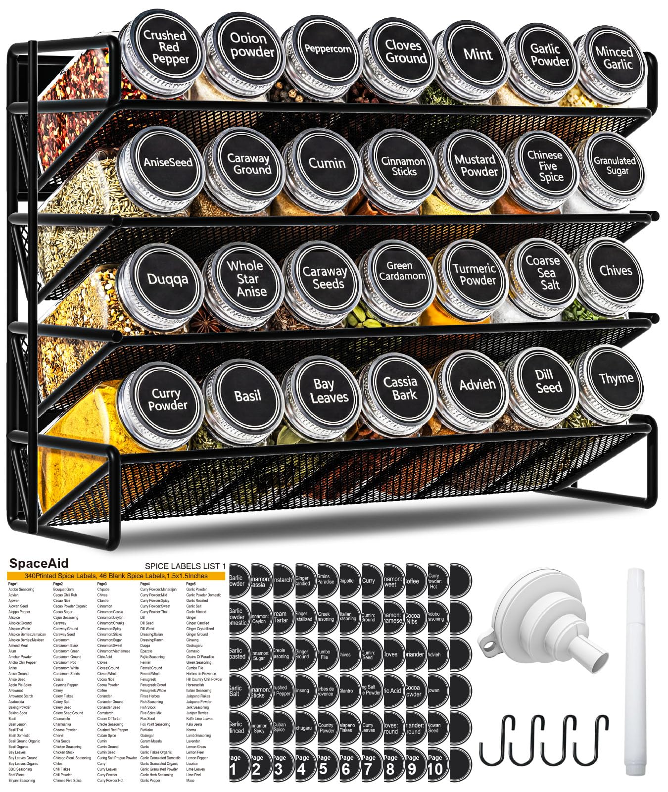 UVIAHOMI Magnetic Spice Rack Organizer for Refrigerator with 28 Spice Jars, 386 Spice Labels, 4 Hook, Chalk Marker and Funnel Set, Magnetic Shelf for Seasoning Organizer, 13.2'' W x 9.8 H, Black