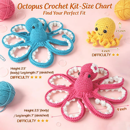 MAGIMUSE Crochet Kit for Beginners, Octopus Family Amigurumi Set with Step-by-Step Video Tutorials – DIY Craft Knitting Supplies, 40% More Yarn