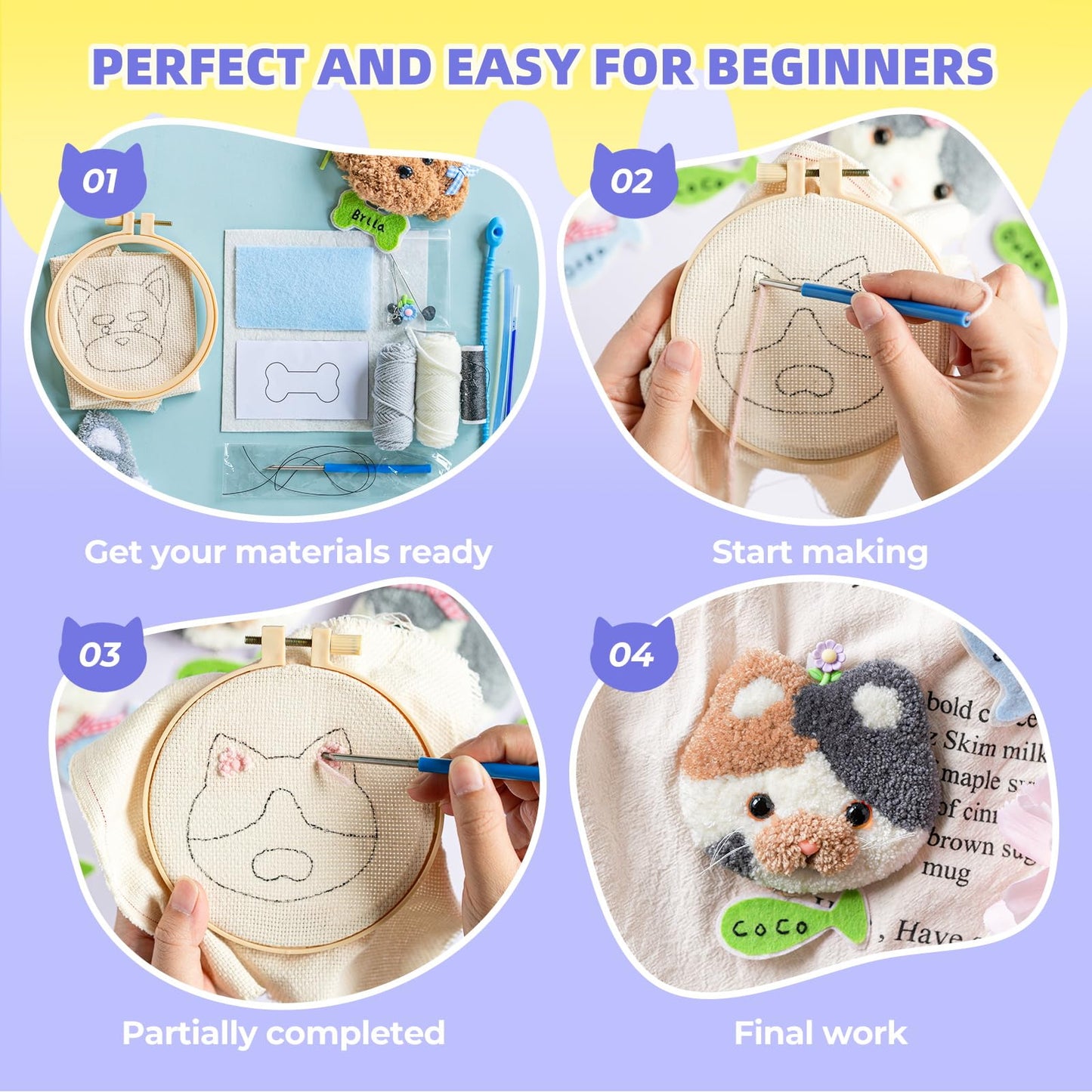 Punch Needle kit-4,Embroidery kit for Beginners,Punch Needle Kits Adults Beginner,Punch Needle kit for Beginners, Includes All Tools and Materials,Easy to Follow Instructions and Videos-Cats and Dogs