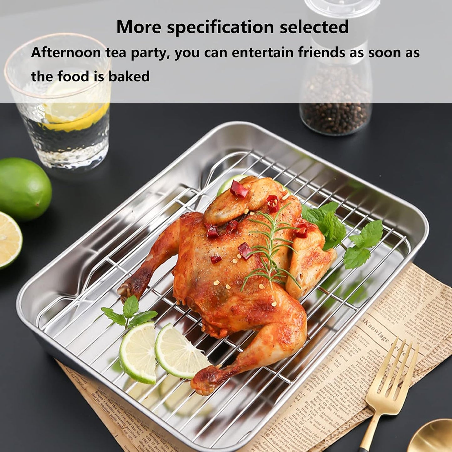 Roasting Pan with Rack, Nonstick Steel Bakeware, Rectangular Roaster for Kitchen Cooking, 23 x 17 cm