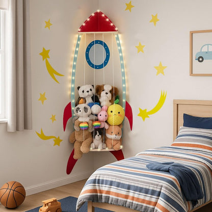 PUTSKA Nursery Furniture Hanging Organizer – Wall Mounted Stuffed Animal Storage for Baby Room, Corner Plush Collection Display & Nursery Organization System, Space-Saving Vertical Storage - Spaceship