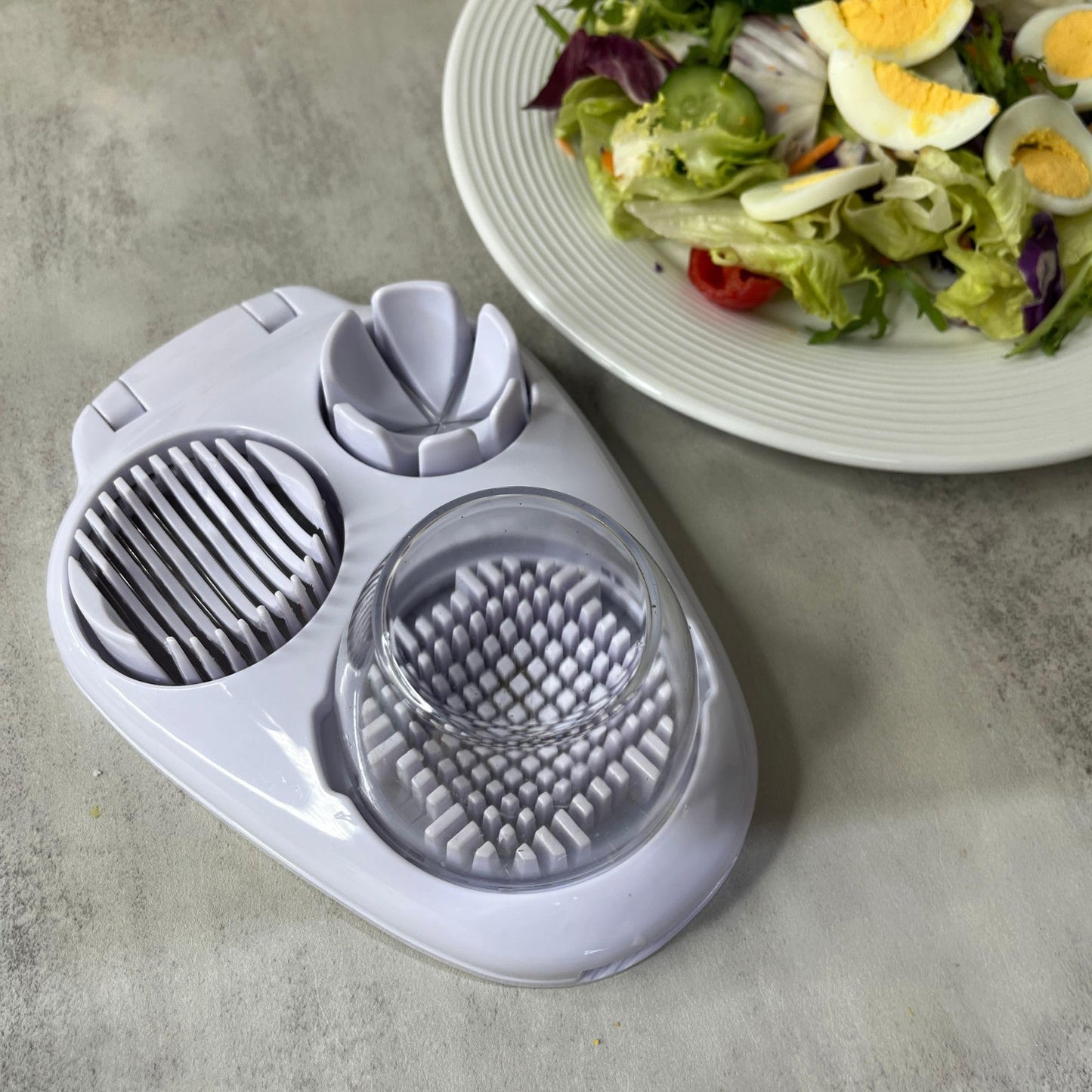 MASALACO 3 in 1 Boiled Egg Slicer, Three Slicing Modes, Tomato, Strawberry, Banana Kitchen Slicing Tool, Chopper, Egg Slicer Kitchen Small Tool, White
