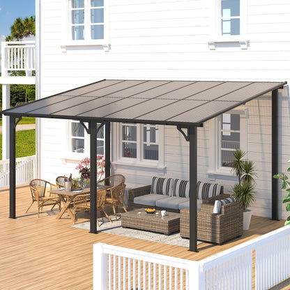 10'X12' Hardtop Wall Mounted Gazebo with Gutters & Galvanized Steel Roof, 60MPH Wind Resistance, Lean to Gazebo Pergola with Sloped Roof for Deck, Porch, Backyard and More, Black