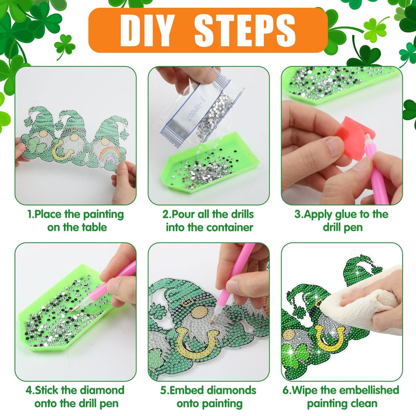 Burbell 3Pcs St. Patrick's Day Diamond Painting Kit Patrick's Green Lucky Shamrock Gnome Truck Diamond Art Kits Hanging Sign 5d DIY Irish Rhinestone Art Painting for Wall Windows Door