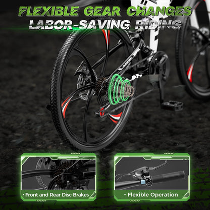 Outroad 26 Inch Folding Mountain Bike, 21 Speed Dual Disc Brake Non-Slip Folding Bikes, Full Suspension High-Carbon Steel MTB Foldable Bicycle for Adults/Women/Men, White