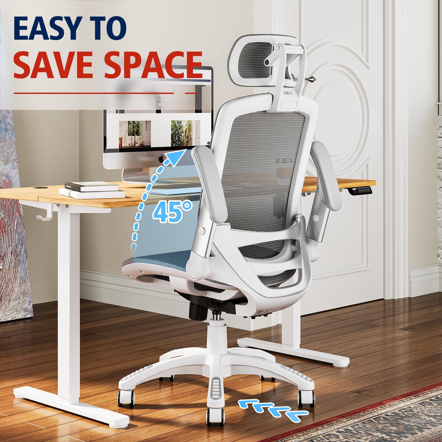 GABRYLLY Ergonomic Office Chair, High Back Home Desk Chair with Headrest, Flip-Up Arms, 90-120° Tilt Lock and Wide Cushion, 300LBS Mesh Chairs for Man Woman, White Task Chair(Dark Grey,GY01WDG)