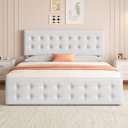 GarveeHome King Size Bed Frame with 4 Storage Drawers and Faux Leather Upholstered Headboard, Wooden Slats Support, Button Tufted Design, No Box Spring Needed, White