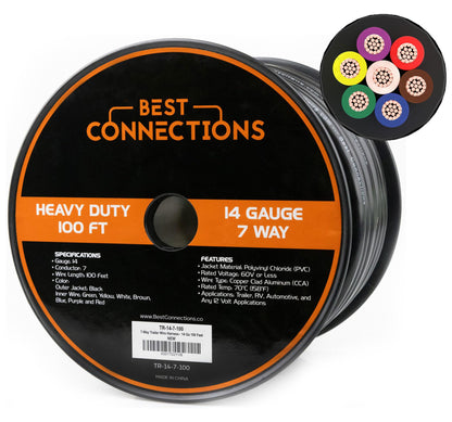 BEST CONNECTIONS 7 Way Trailer Wire (100 Feet) Heavy Duty 14 Gauge 7 Conductor Insulated Cable Durable, Weatherproof, Color-Coded 7 Way Wiring Extension for RV and Automotive