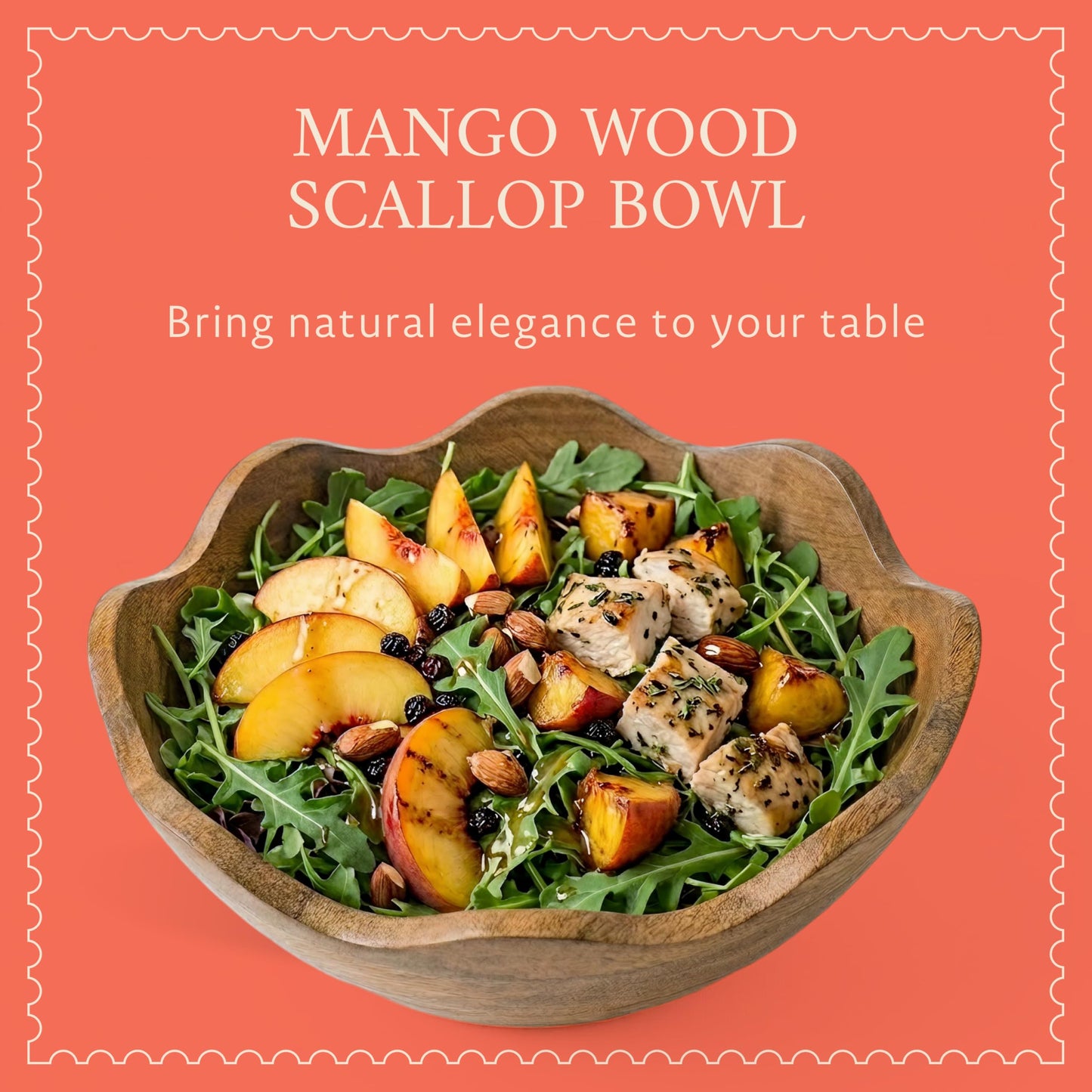 Mela Artisans 12-Inch Mango Wood Scalloped Bowl - Hand-Finished Decorative Serving and Fruit Bowl with Natural Grain for Kitchen Counter, Snacks, Desserts, Bread and Home Decor Centerpiece