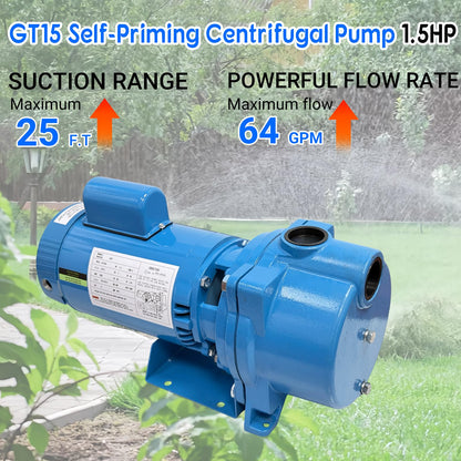 WeenthAvenue GT15 Self-Priming Single Phase Centrifugal Pump, 1.5hp, Single Phase Cast Iron Water Pump Fit for Agricultural & Garden Irrigation