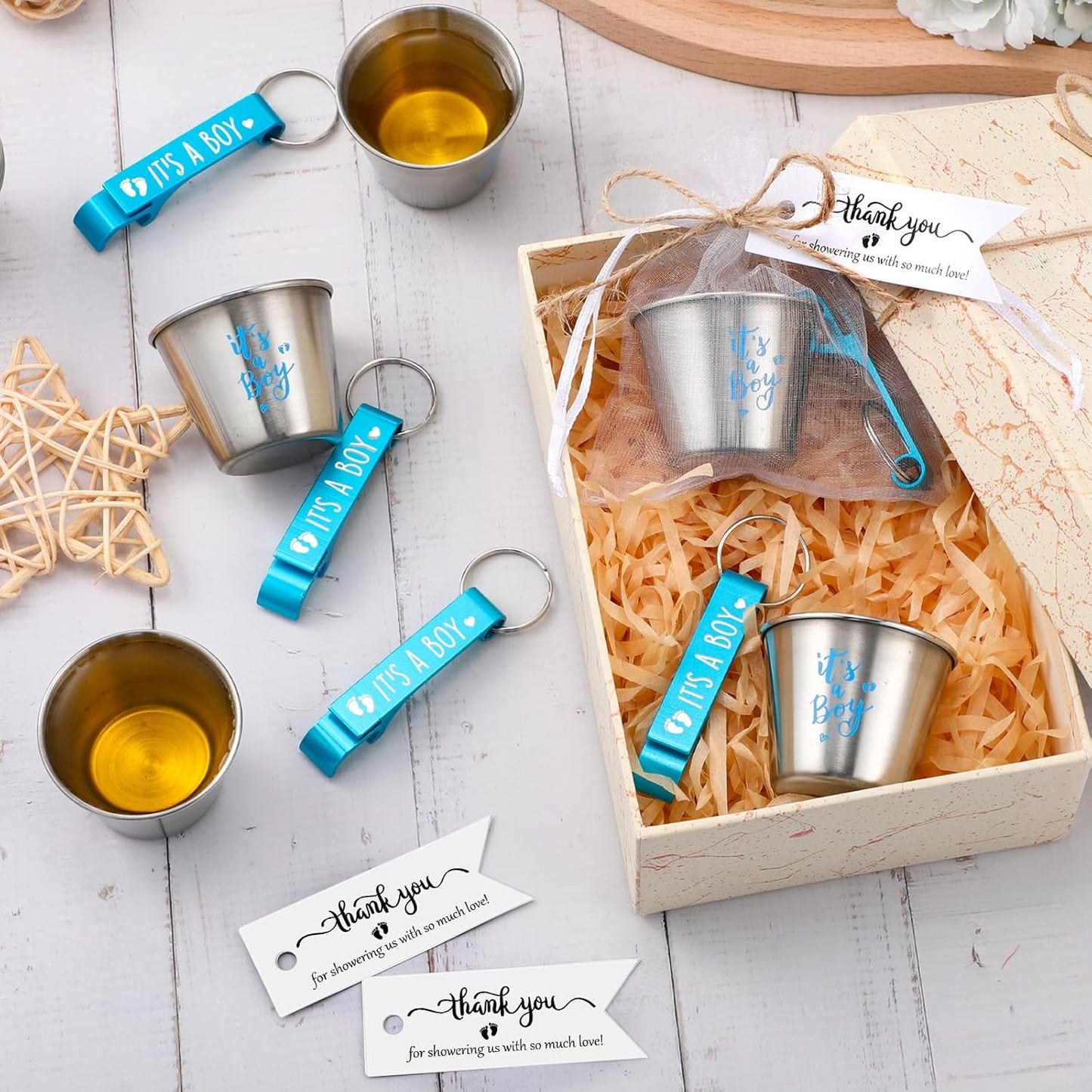 25 Sets 1.5 oz Vesici Baby Shower Favors for Guests Stainless Steel Shot Glasses Cute Bottle Opener Keychains Thank You