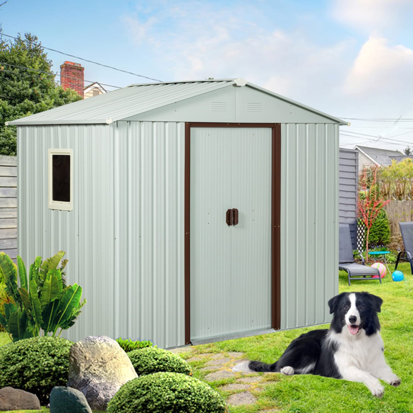 Favfurish 8 x 4 FT Outdoor Storage Shed with Side Window, Metal Garden Shed w/Sliding Doors & Lock, Floor Base and Air Vents, Utility Tool Storage House for Backyard Lawn, White