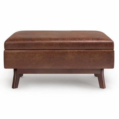 SIMPLIHOME Owen Small Rectangular Storage Ottoman - 36 inch Wide Upholstered Vegan Leather Lift-Top Ottoman in Distressed Saddle Brown, Mid-Century Modern Ottoman for Living Room with Tufted Detail