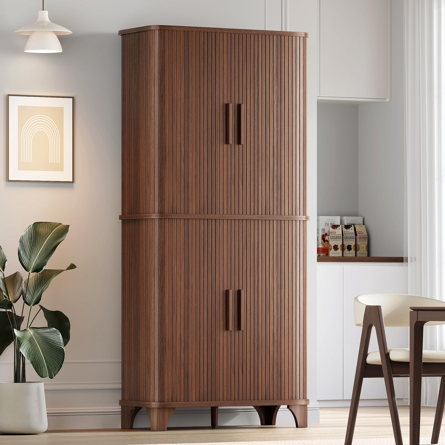 Decofy 69" Tall Kitchen Pantry Storage Cabinet with Sliding Door, Modern Curved Edge Pantry Storage Cabinet with 5 Shelves, Cupboard for the Kitchen, Dining Room, Bedroom, Living Room, Office (Walnut)