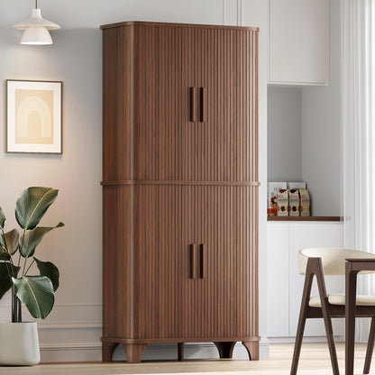 Decofy 69" Tall Kitchen Pantry Storage Cabinet with Sliding Door, Modern Curved Edge Pantry Storage Cabinet with 5 Shelves, Cupboard for the Kitchen, Dining Room, Bedroom, Living Room, Office (Walnut)