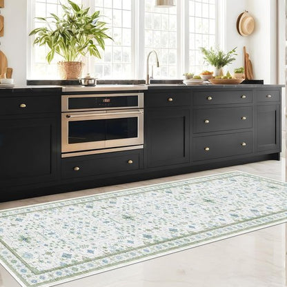Hazo Haus Washable Oushak Bathroom Runner Rug - Vintage Turkish Floral Design | 2x8 ft Low Pile, Non-Slip, Cream Blue Green