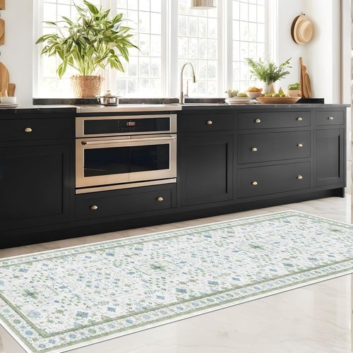 Hazo Haus Oushak 3x20 Wide Hallway Runner Rug - Vintage Turkish Floral Design | Washable, Non-Slip, 20ft Long in Blue and Green