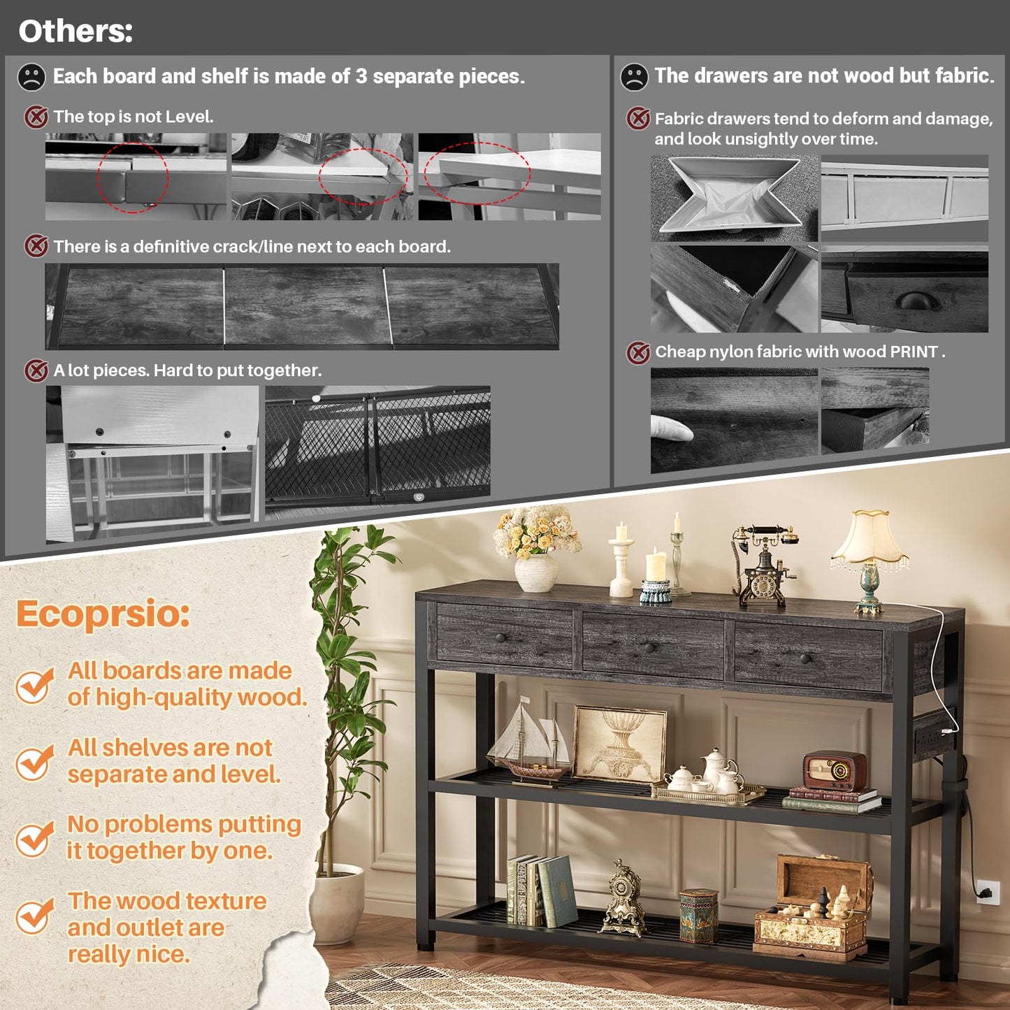 Ecoprsio 47'' Entryway Table with Outlets and USB Ports, Console Table with 3 Drawers, Sofa Table Narrow Long with Storage Shelves for Living Room, Couch, Hallway, Foyer, Kitchen Counter, Grey