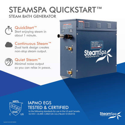 STEAMSPA 9kW Steam Sauna Generator Sentry Series 240V Steam Generator with Touch Screen, Steamhead, Built-in Steam Shower Auto Drain, ACU Quickstart Steam Bath Generator