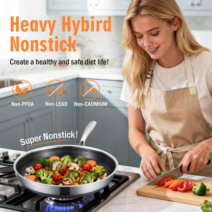 AOSION Nonstick Frying Pans Set,Hybrid Skillets Set with Lid(8+10+9+12inch), Hybrid Stainless Steel Frying Pans Set of 3 for Cooking,PFAS/PFOA Free Cookware Sets,Induction Compatible.