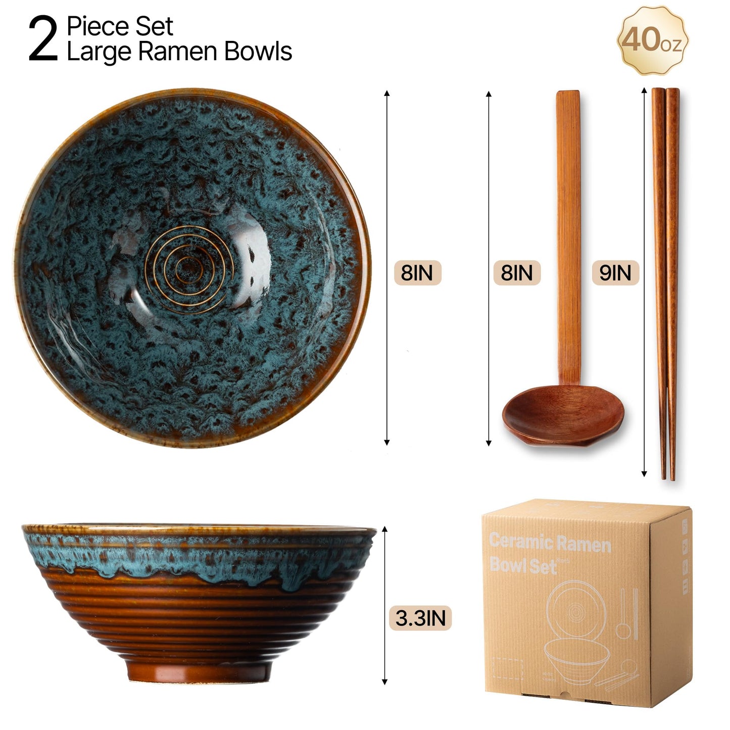 ArtifexCeram 8 Inch Ceramic Ramen Bowl Set of 2, 40oz Japanese Bowls with Spoons & Chopsticks,Durable,Microwave & Dishwasher Safe,Perfect for Ramen,Pho,Salad,Soup,Noodles，Mixing bowls（Verdigris Green）