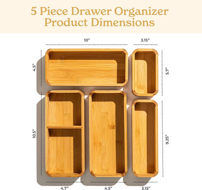 SMIRLY 5-Piece Bamboo Kitchen Drawer Organizer Set for Multi-use Storage Box for Utensils and More