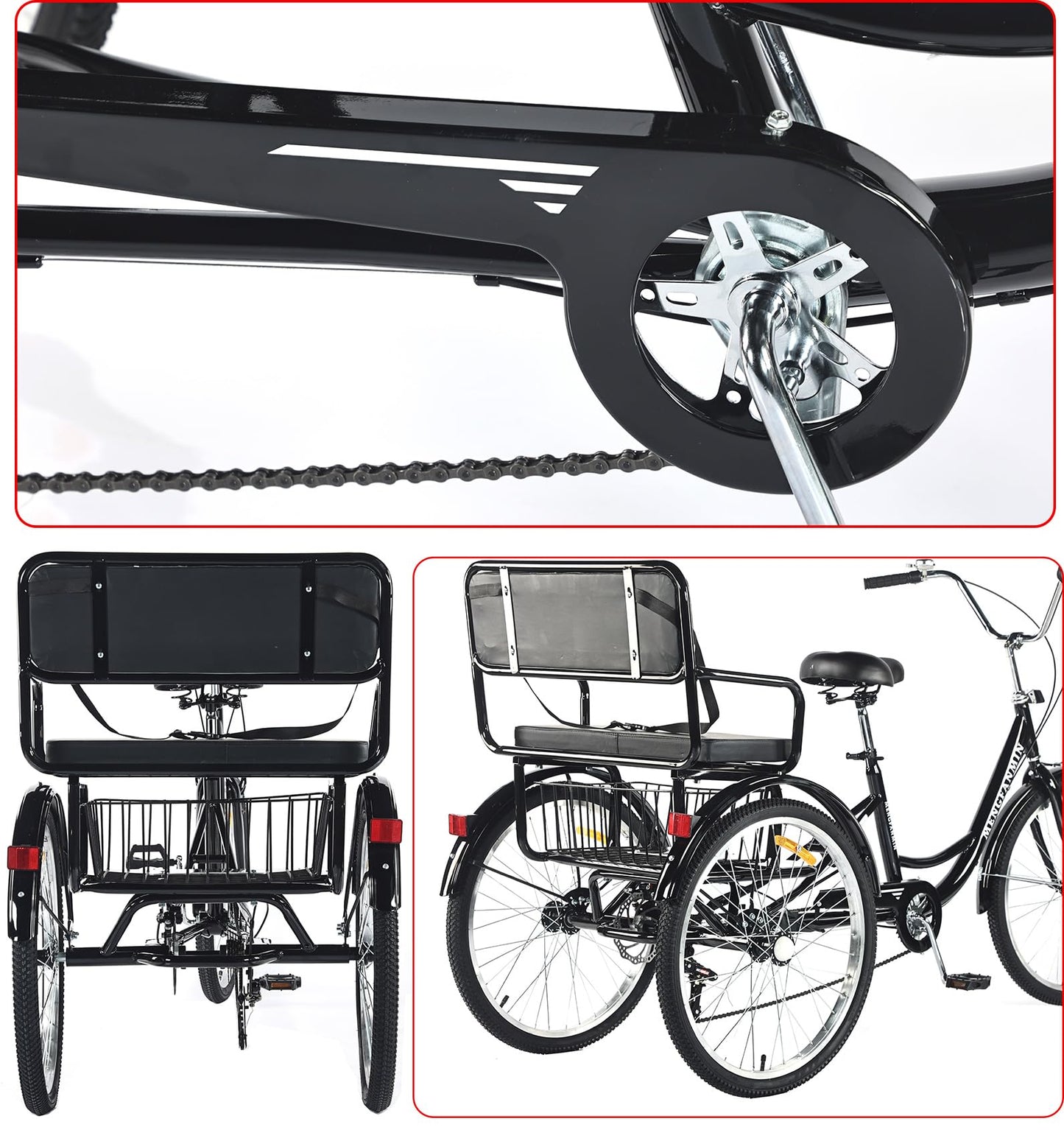 VHCLYBJU Adult Tricycle Foldable with Child seat 3 Wheel Bicycle for Ladies Tricycle with Basket with Back seat 20/24in Bikes Maximum Load 550lbs Shock Absorbing Fork Adult-Unisex (24in-7speed-red)