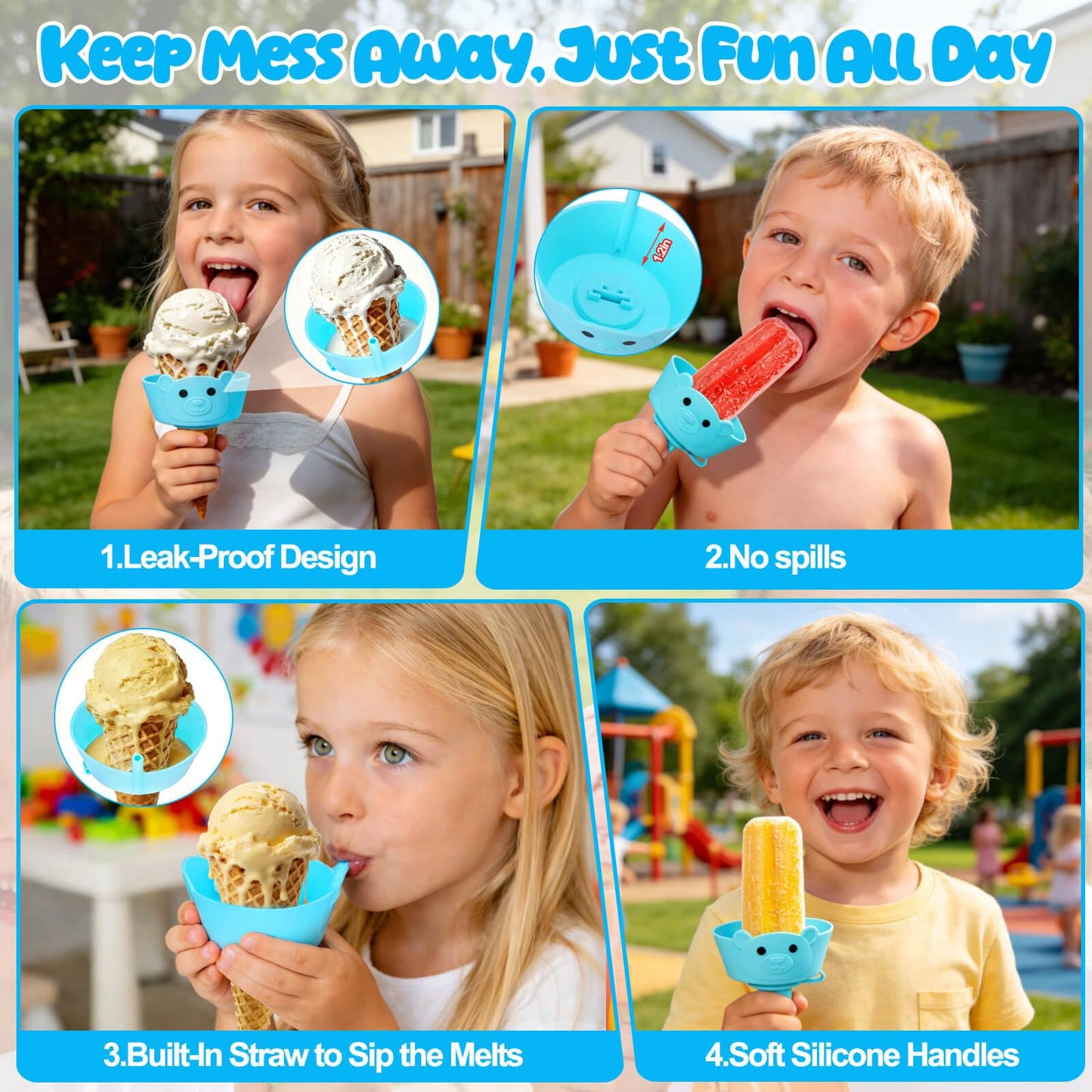 AIERSA 2-in-1 Silicone Popsicle & Ice Cream Holders for Kids, Reusable Popsicle Holder Catches Melting Drips, Dishwasher Safe Popsicle Drip Catcher with Storage Case 4-Pack