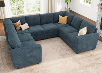 HONBAY Modular Sectional Couch with Pull Out Bed, Corduroy Sleeper Sofa with Storage Seats, U Shaped Sectional Couches for Living Room, Blue