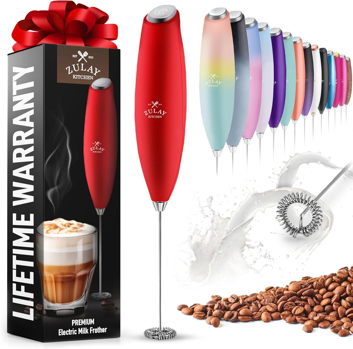 Zulay Powerful Milk Frother for Coffee, Handheld Electric Whisk, Mini Mixer for Frappe, Latte, Red