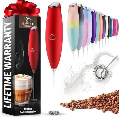 Zulay Powerful Milk Frother for Coffee, Handheld Electric Whisk, Mini Mixer for Frappe, Latte, Red