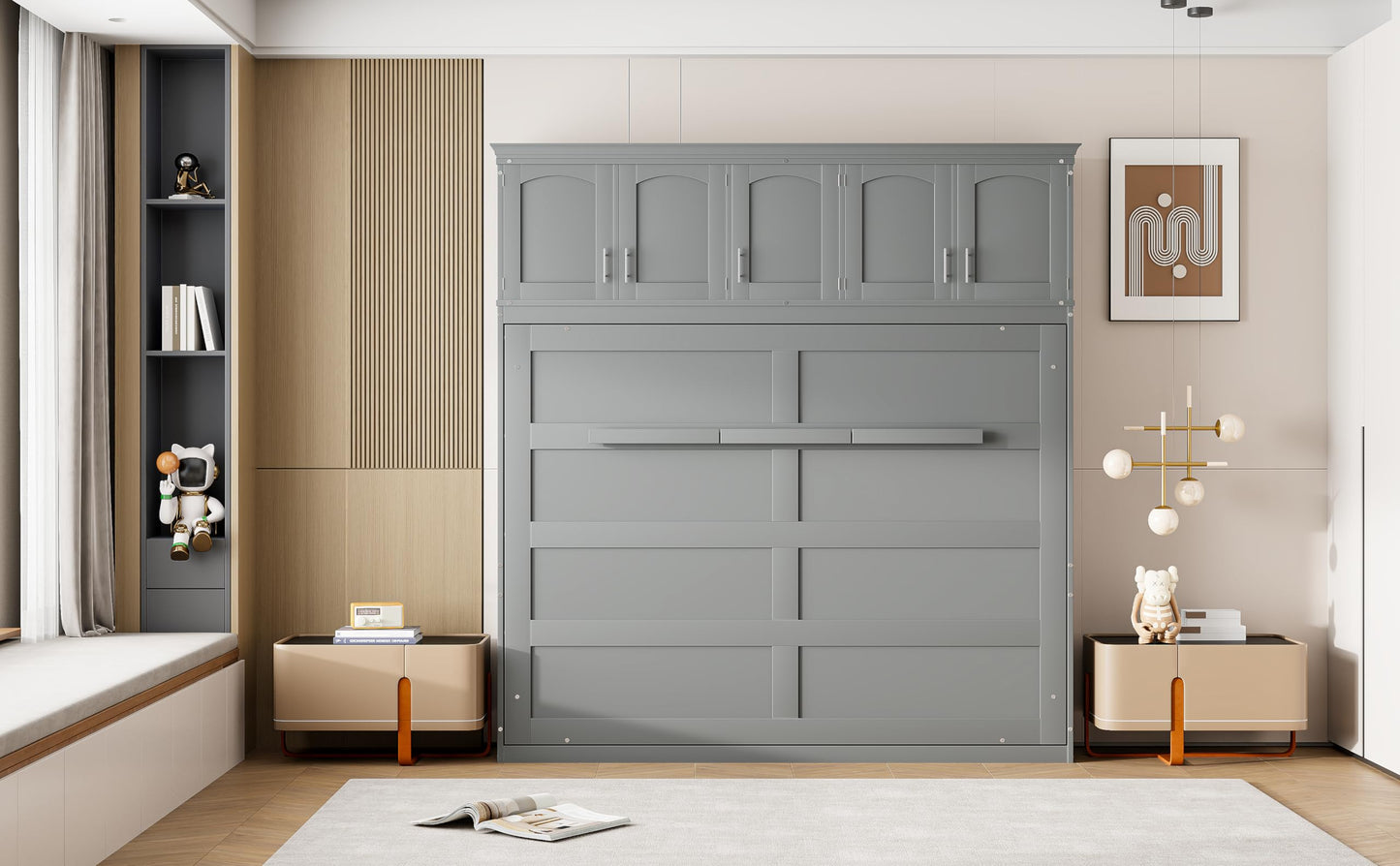 Merax Modern Murphy Cabinet Bed with Top Cabinets, Solid Wood Wall Platform Bed/No Box Spring Needed/Easy Assemble Full,Gray