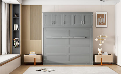 Merax Modern Murphy Cabinet Bed with Top Cabinets, Solid Wood Wall Platform Bed/No Box Spring Needed/Easy Assemble Full,Gray