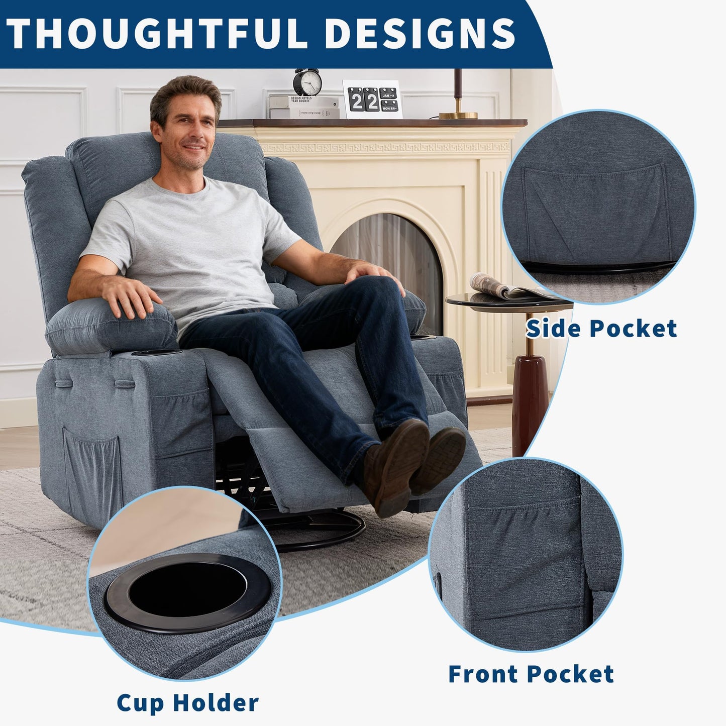 Rocking Recliner Chair for Adults Linen Wide Upholstered Glider Recliner with Cup Holder Deep Seat Single Sofa Rocker Chair for Nursery Living Room