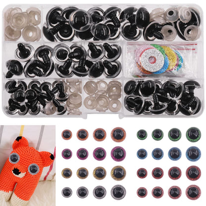 Rustark 64 Sets Glitter Plastic Safety Eyes Stuffed Crochet Eyes Craft Doll Eyes Kit with Washers for DIY Crafts Projects 12mm 16mm 18mm 20mm Green Blue Silver Pink Light Purple Gold Yellow Red