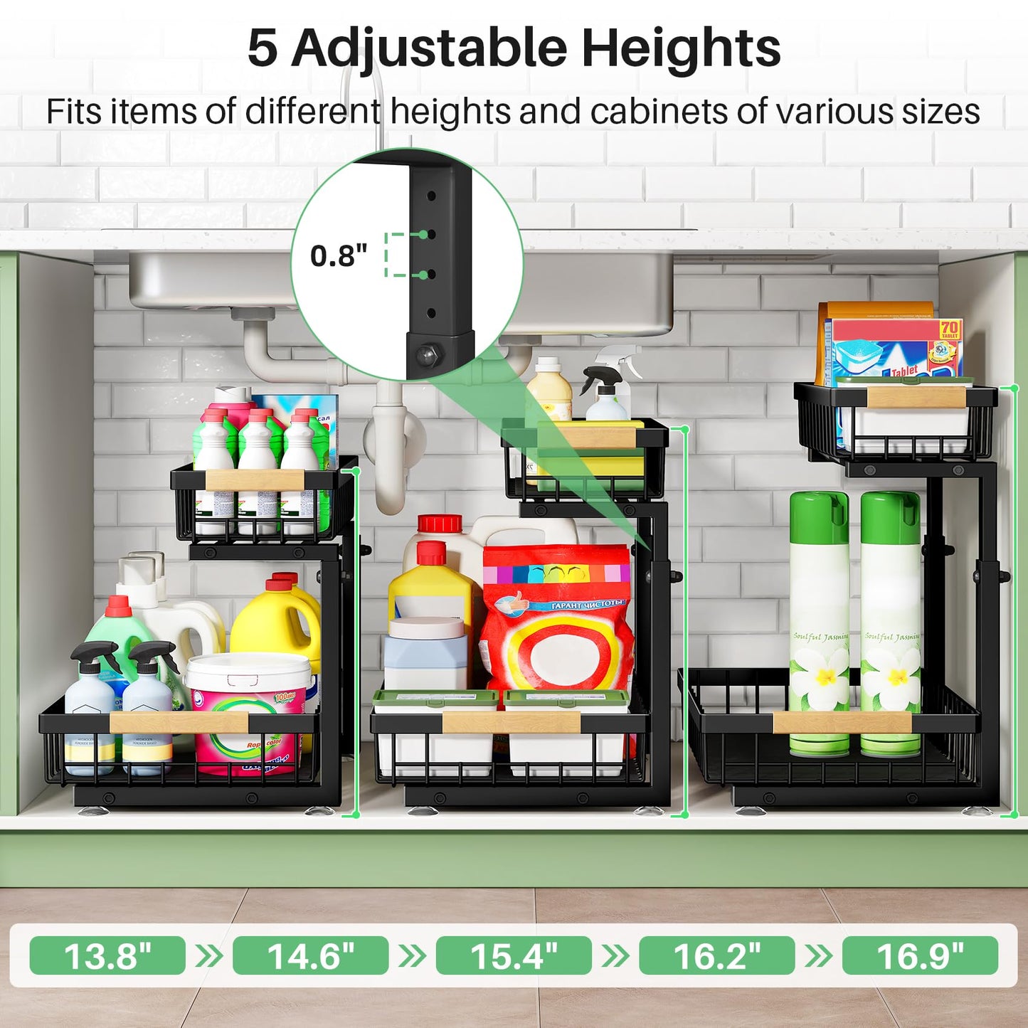 Kitstorack Under Sink Organizer, 2 Tier Under the Sink Storage, Slide out Pull out Cabinet Organizer Shelf, Metal Sliding Drawer for Kitchen Bathroom Pantry Closet Organization Rack, Black, 2 Pack