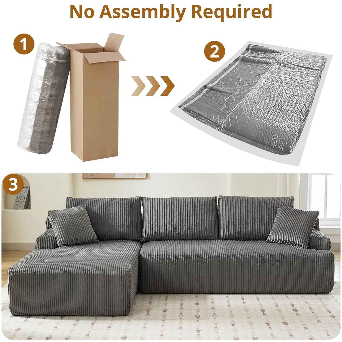 GAOMON 106" Modular Sectional Couch with L-Shape Left Chaise, Modern Boneless Couches for Living Room, Corduroy Fabric Loveseat Sofa Sleeper with Deep Seat, No Assembly Required, Dark Grey