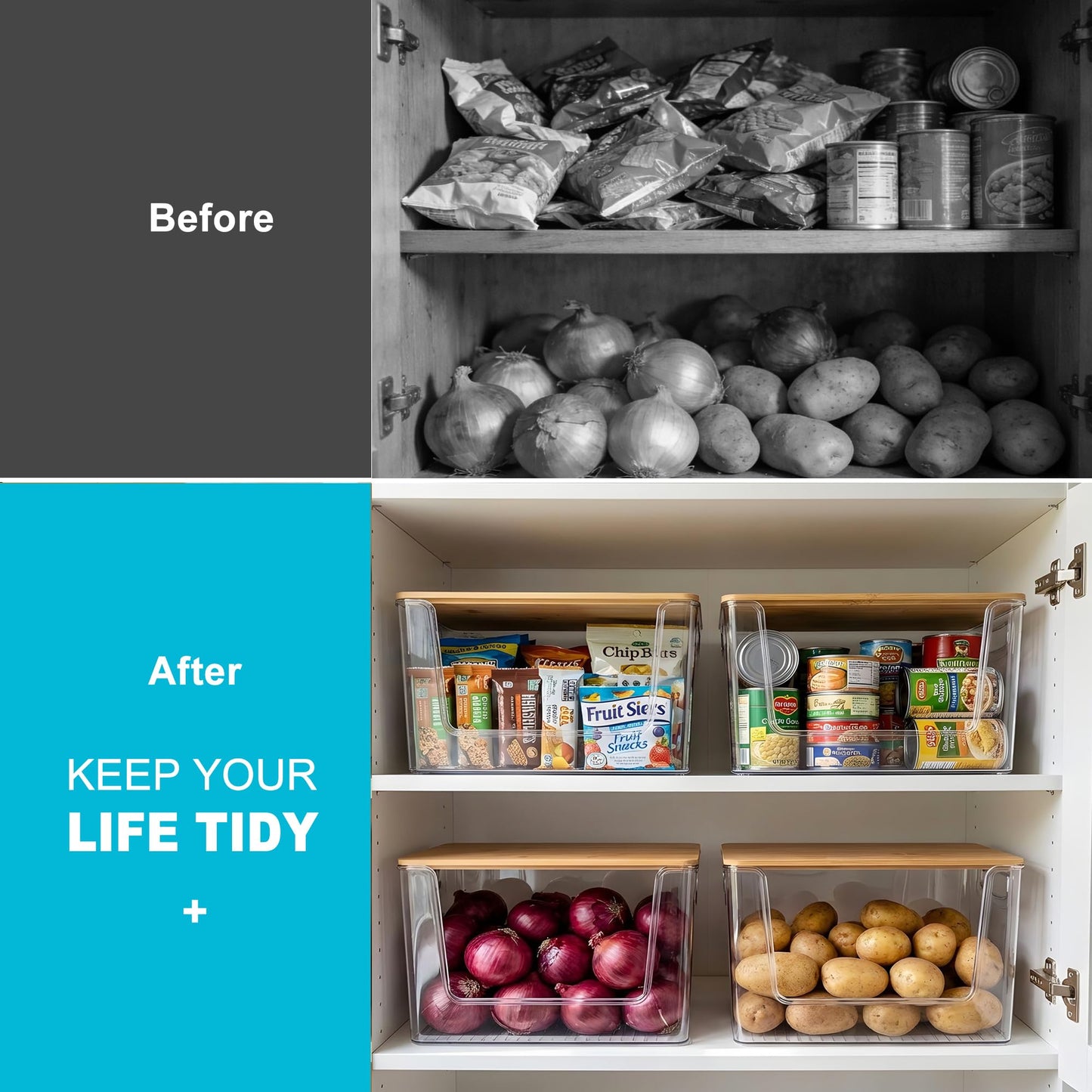 Pantry Organizers Storage, 2 Pack Large Capacity Clear Storage Bins with Bamboo Lids for Onion, Potato, Garlic, Canned Food, Under Sink Organizer Kitchen Countertop Organizer