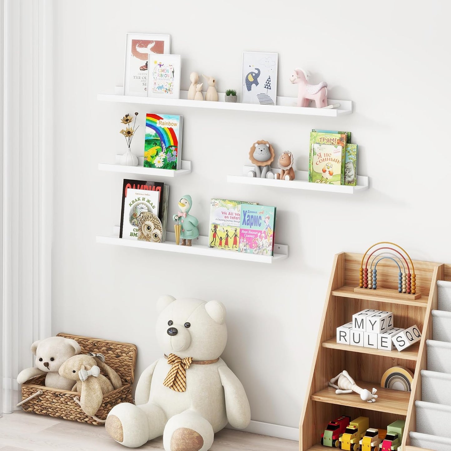 24 inches 3 Packs, Picture Ledge Shelf for Wall, Solid Pine Wood Nursery Book Shelves Floating Ledge Shelves for Kids'