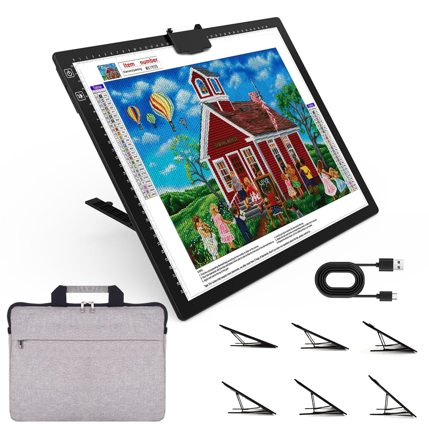 HIUKCOLED Rechargeable A3 Light Pad with Diamond Painting Light Board Carry Bag, Built-in Foldable Stand＆top Clip, 3 Colors/Stepless/6-level Brightness, Battery Powered Wireless LED Tracing Box
